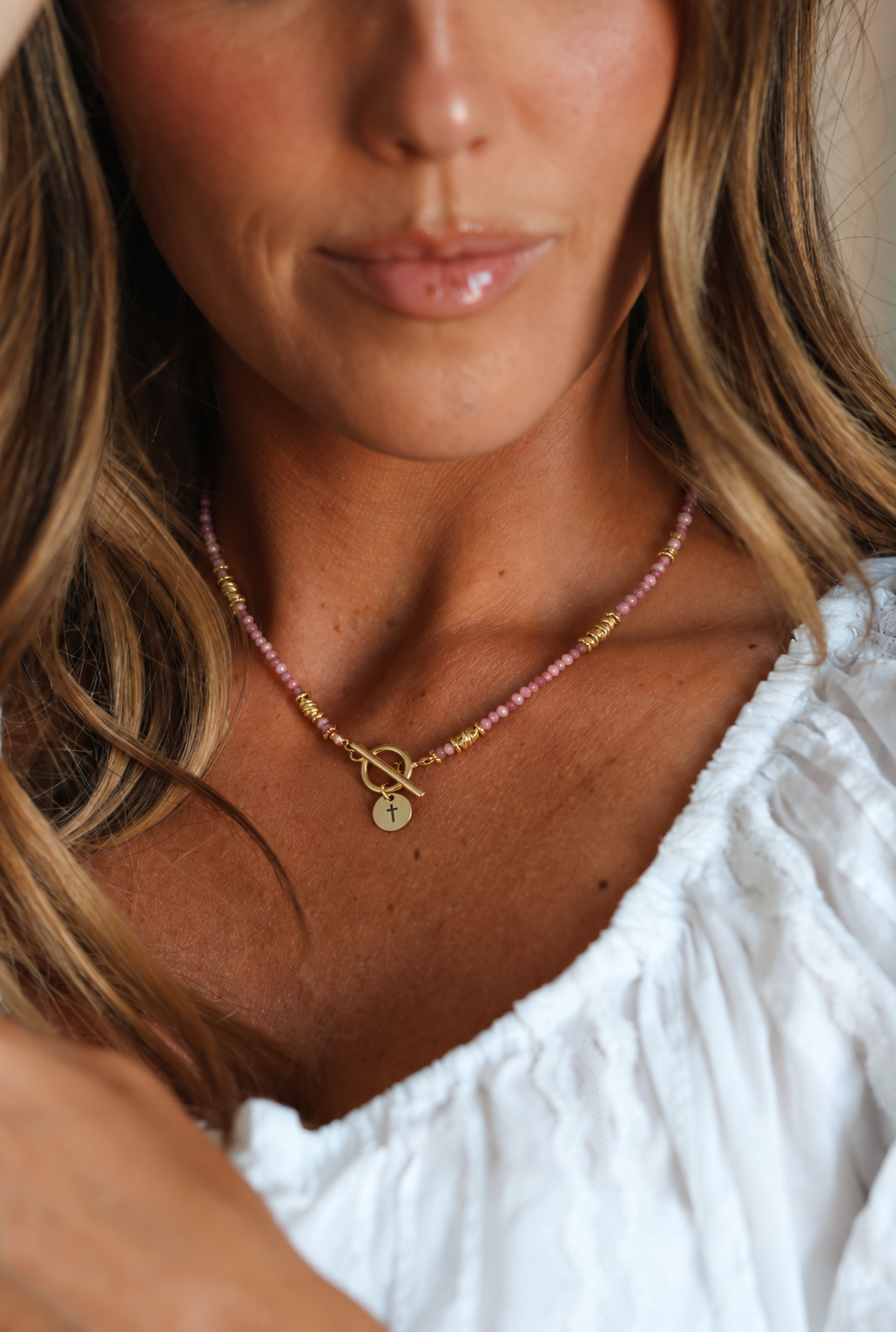 Pink &amp; Gold Beaded Cross Pendant