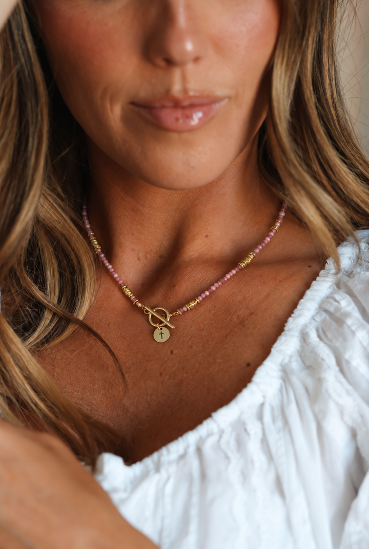 Pink &amp; Gold Beaded Cross Pendant