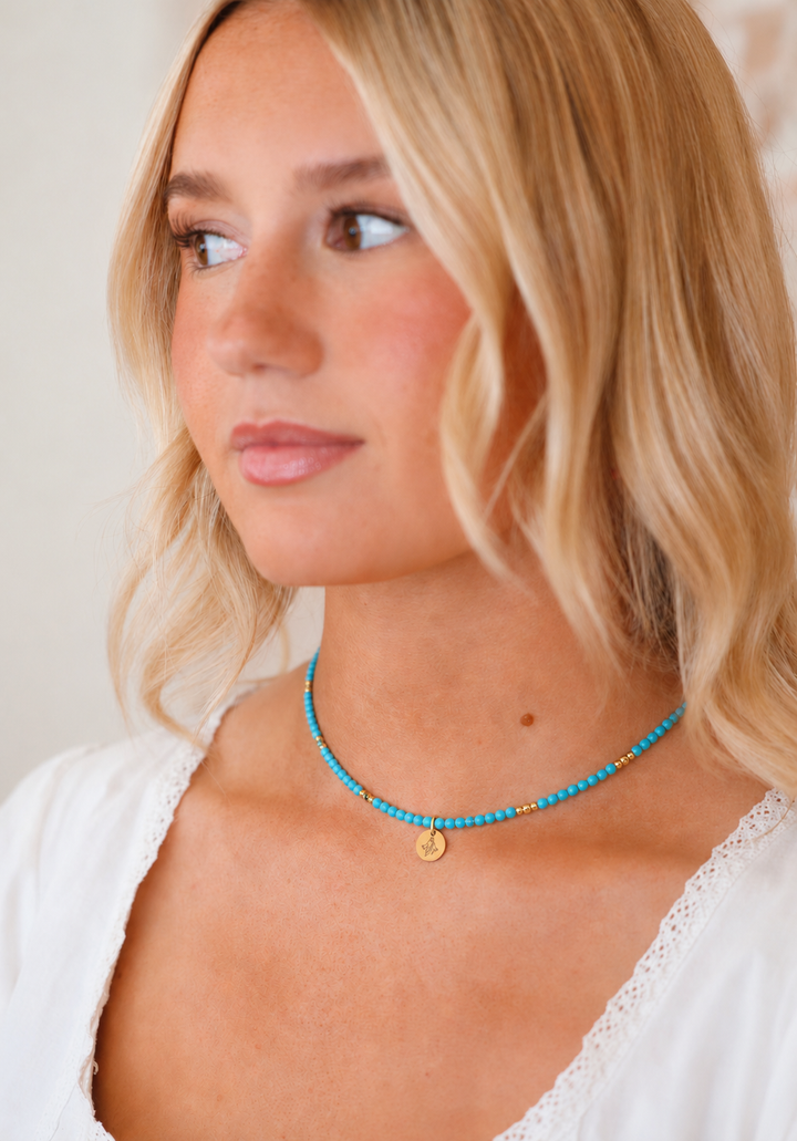 Aqua and Gold Beaded Savior Necklace