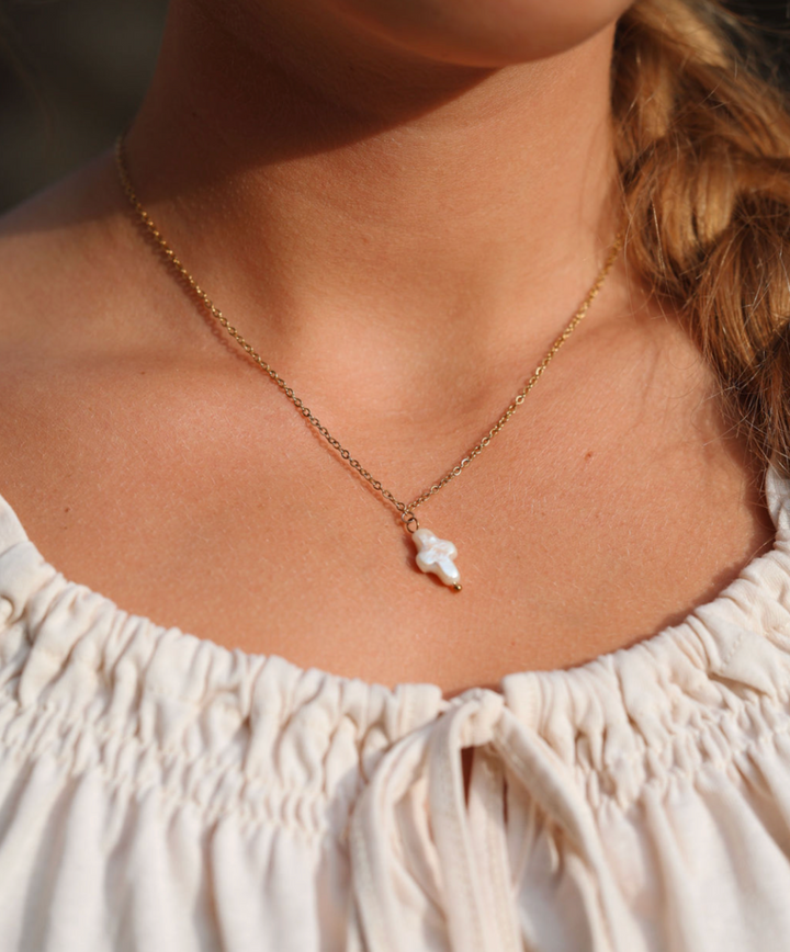 Single Pearl Cross Necklace