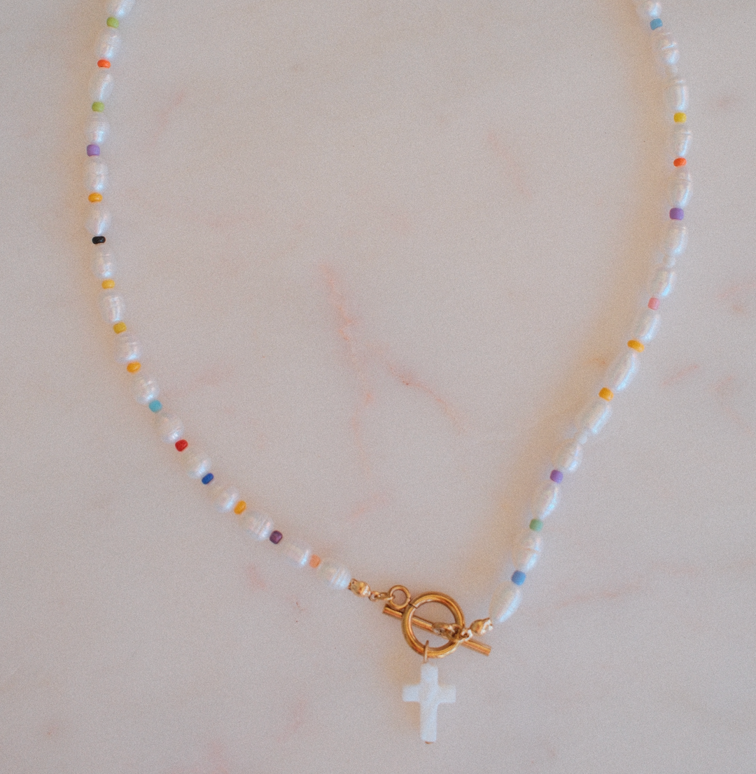 Pearl Multi Color Beaded Cross Necklace