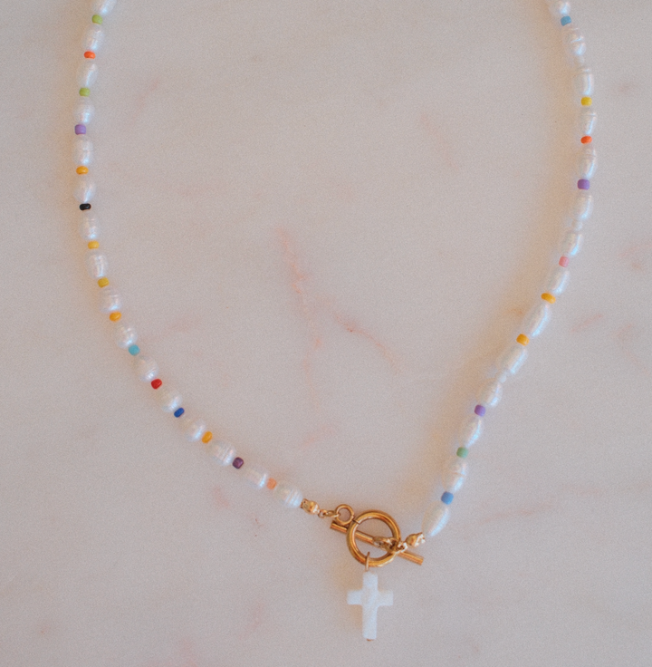 Pearl Multi Color Beaded Cross Necklace